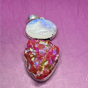 925 Silver Plated Pink Titanium and Druzy Rainbow Moonstone Pendant 2.3"